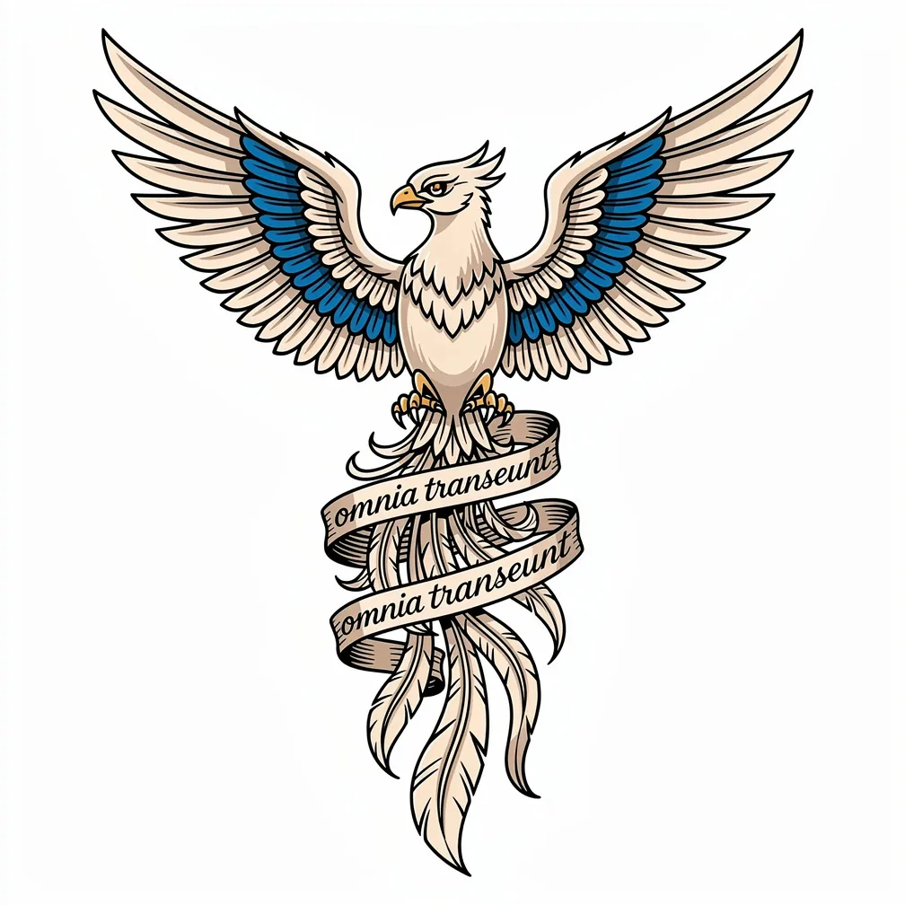 An illustrative phoenix with elegant feather detail, parts of the wings in blue, and the Latin quote “Omnia transeunt” subtly woven into the body and feathers.
