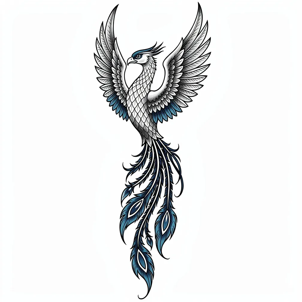 An illustrative phoenix with a small quote woven into its body and feathers, featuring partial blue wings and elegant flowing linework.