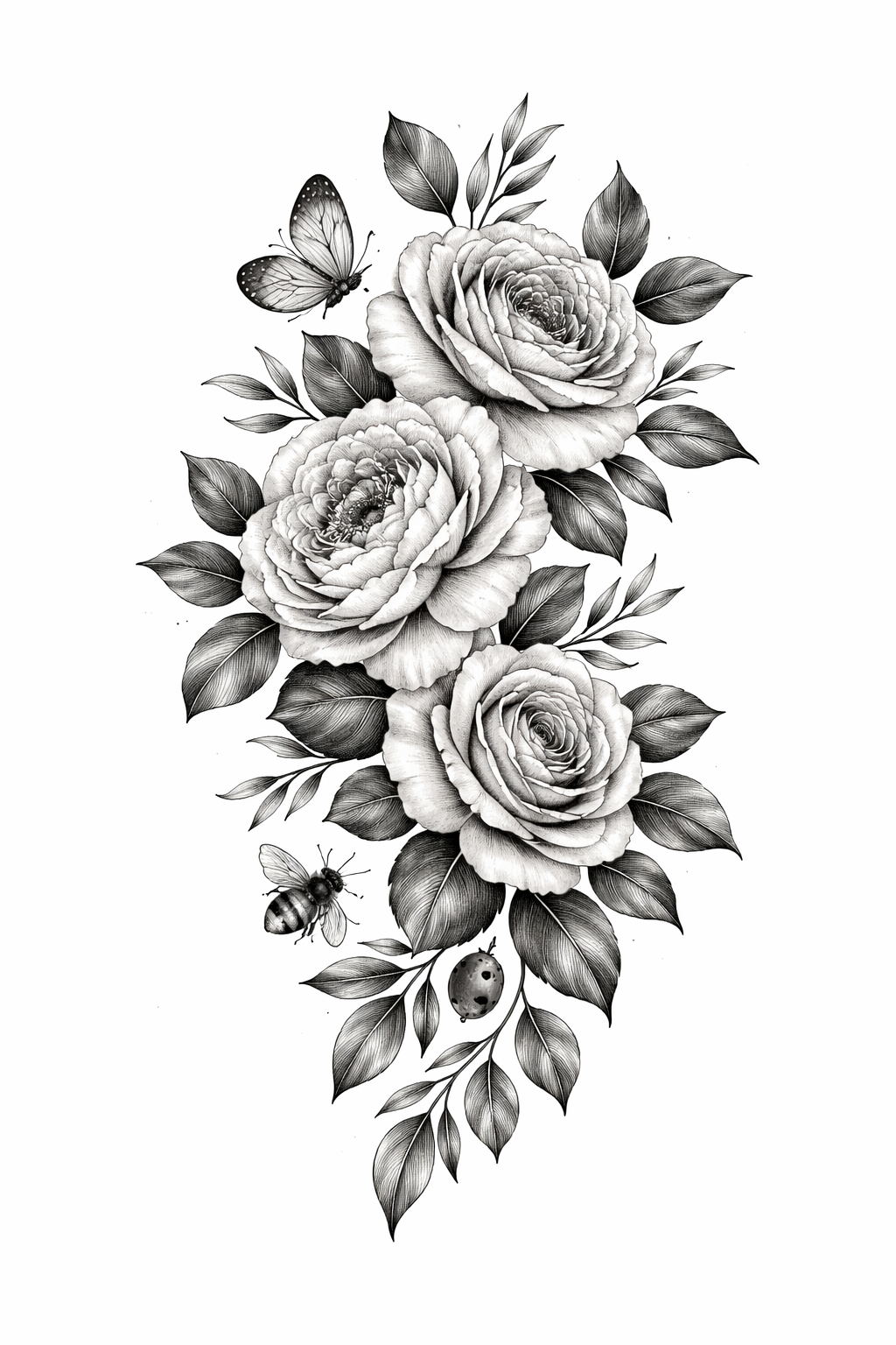 Realistic half-sleeve of detailed flowers and a few lifelike insects with natural color and fine shading, designed for the upper arm.