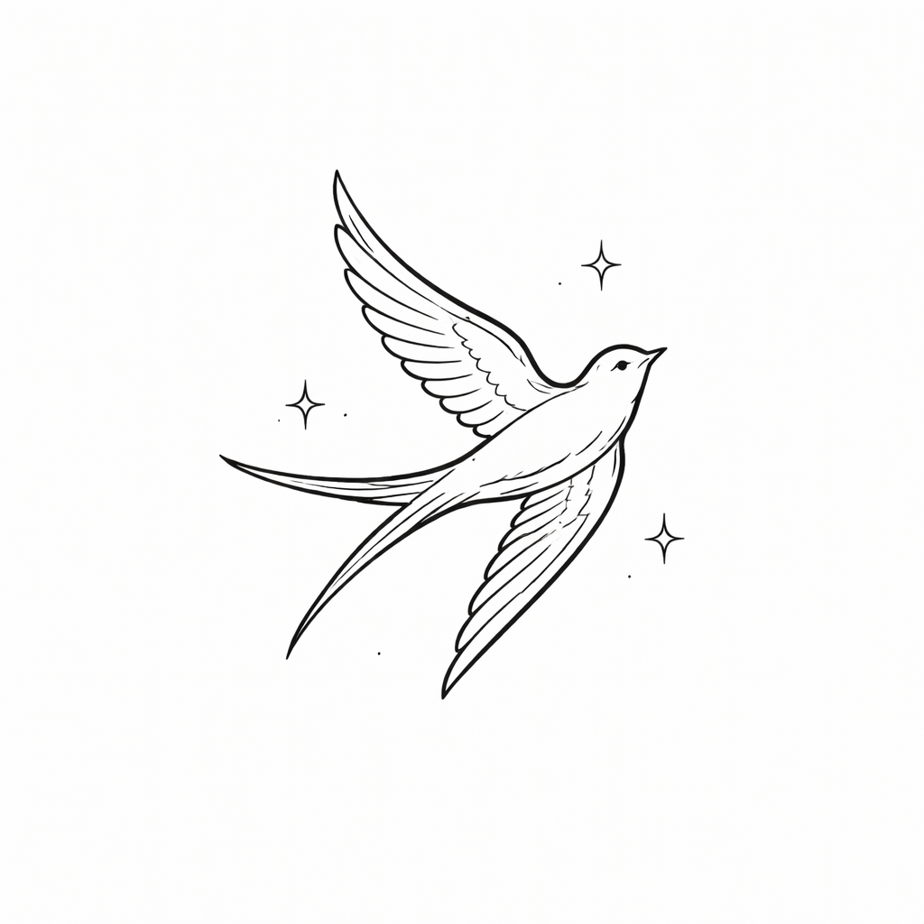 A small minimalist paper crane with drifting dandelion seeds, simple black lines with a soft color accent, symbolizing freedom and happiness