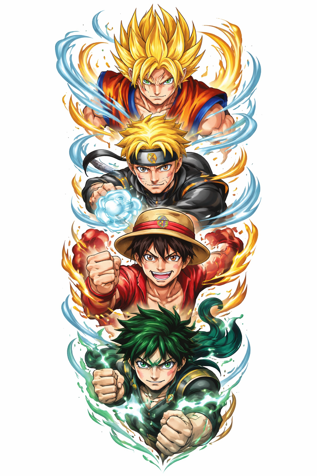 Una composición de manga de brazo completo en estilo anime, con personajes y motivos icónicos de Naruto, Bleach, One Piece y Dragon Ball Z en poses dinámicas y colores intensos.