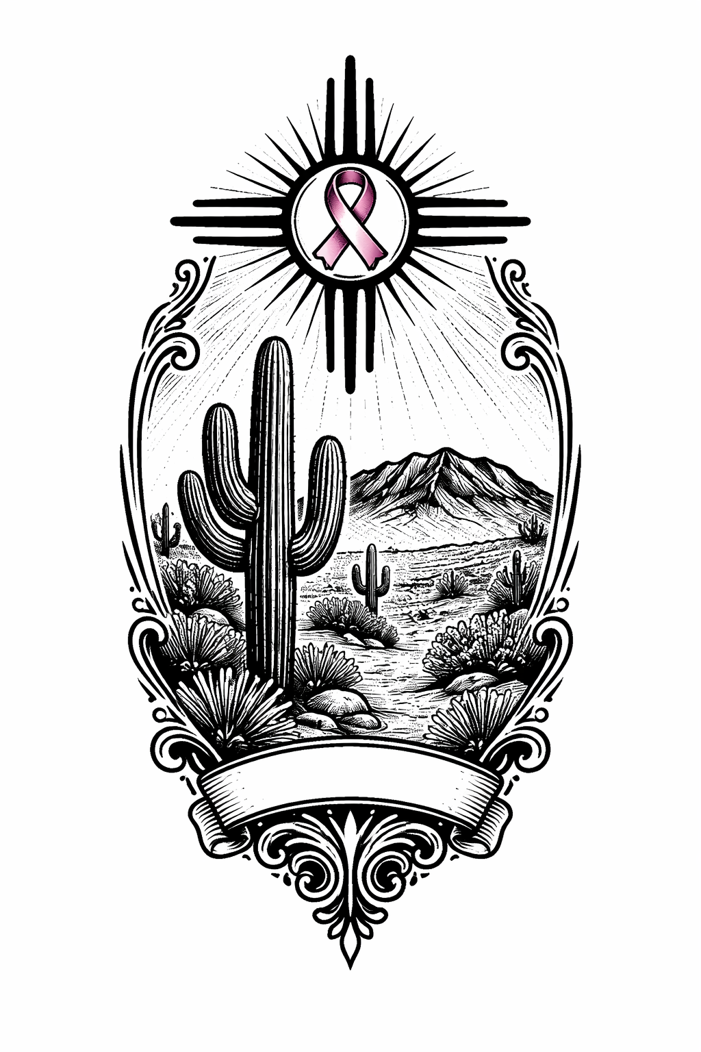 Blackwork southwestern memorial combining a Zia sun, desert mountains and cactus with a negative-space breast cancer ribbon and name/date placeholder
