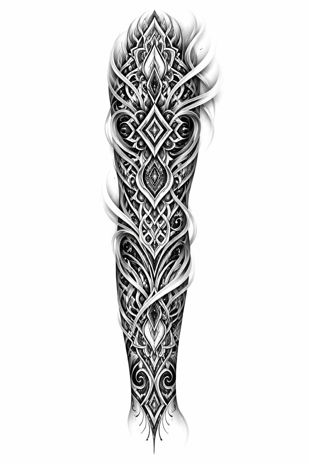 A full left-arm blackwork sleeve of interlocking geometric and ornamental patterns in black and grey, creating a unique, cool monochrome composition.