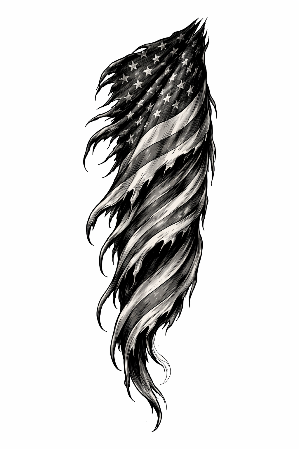 A full blackwork sleeve of a tattered, high-contrast black and white American flag with ripped edges and distressed shading