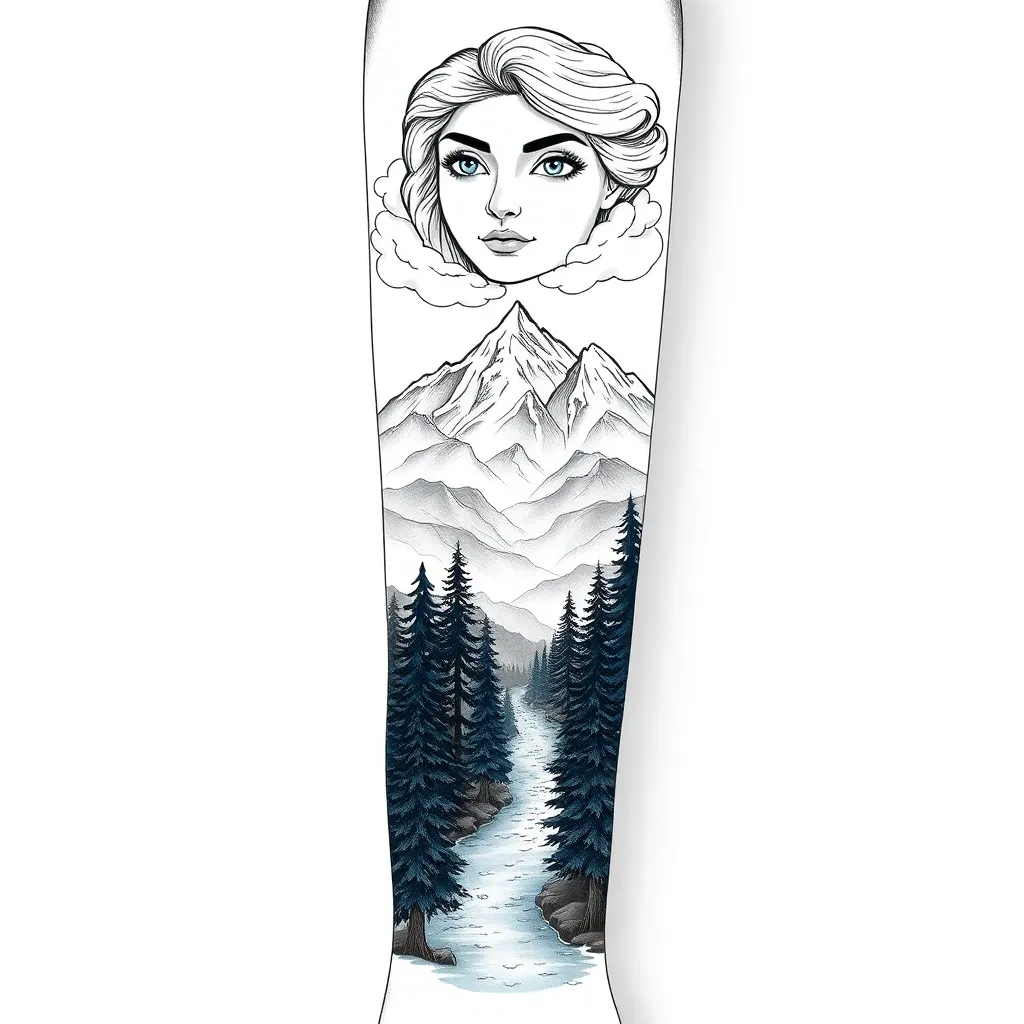 An illustrative forearm tattoo showing a forest, winding river and distant mountains with realistic eyes at the top watching like a guardian