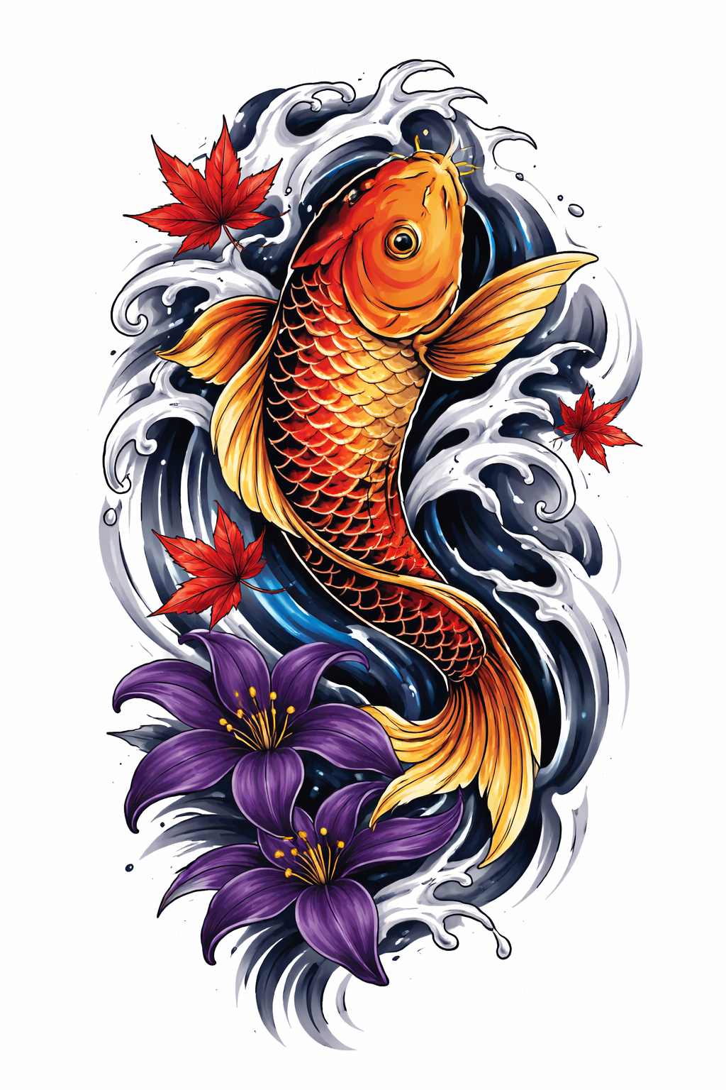 Japanese-style koi half-arm design: koi swimming through stylized water with death lilies and drifting maple leaves in black, white, blue, orange, red, and purple.