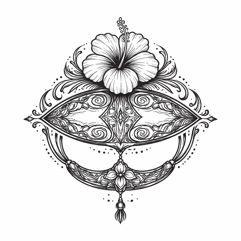 Small tribal-inspired blackwork tattoo combining Malaysian motifs—stylized wau bulan kite, hibiscus petal shapes and geometric tribal lines—arranged as a compact symbolic emblem.
