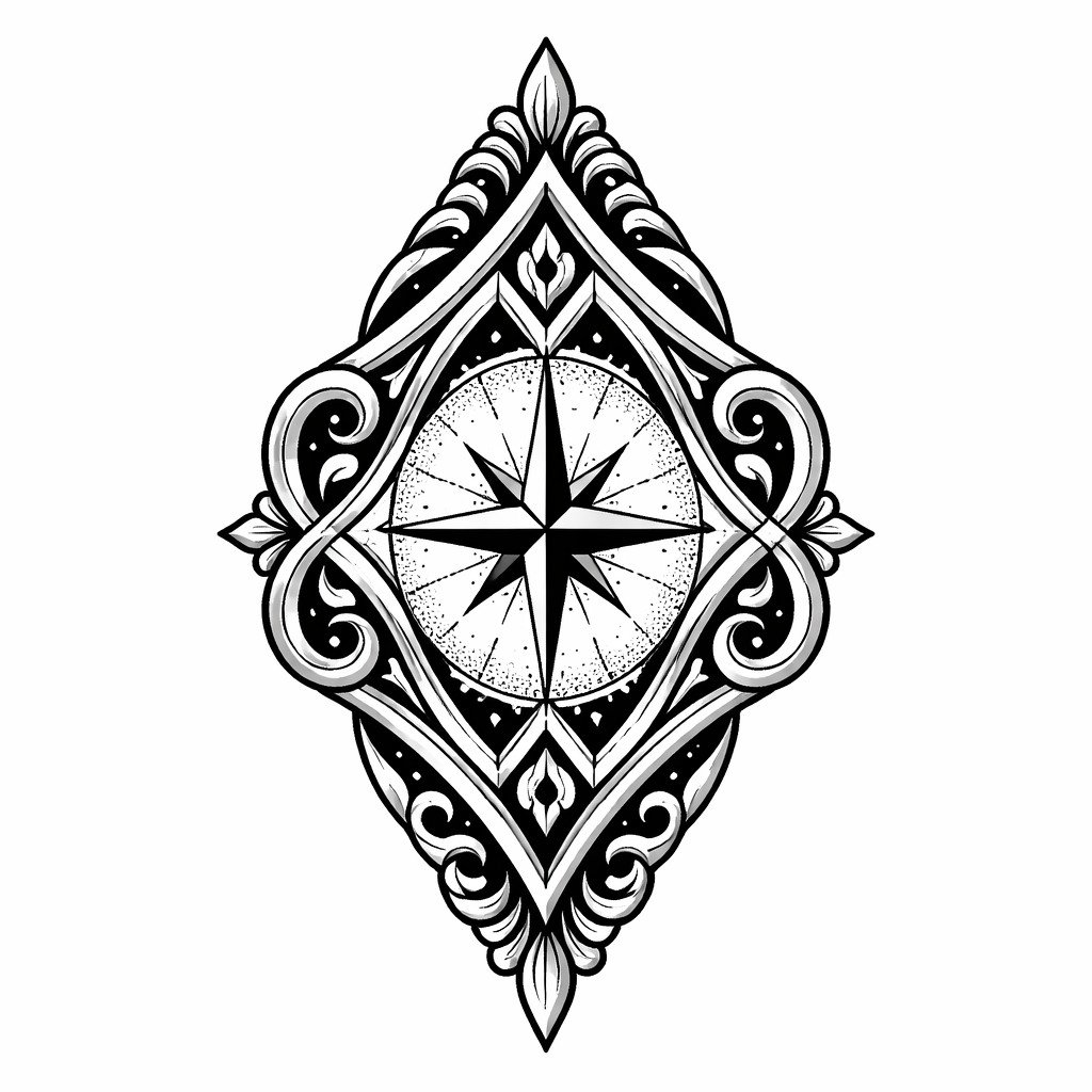 A small tribal-style Malaysian emblem combining a stylized wau bulan kite motif, kris dagger silhouette, and songket-inspired geometric patterns in blackwork.
