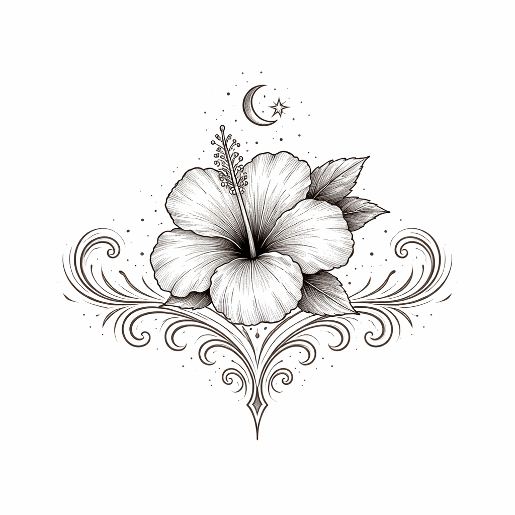 A small tribal-style Malaysian travel sigil combining a stylized wau bulan kite, hibiscus motif, and traditional Southeast Asian geometric patterns in blackwork.