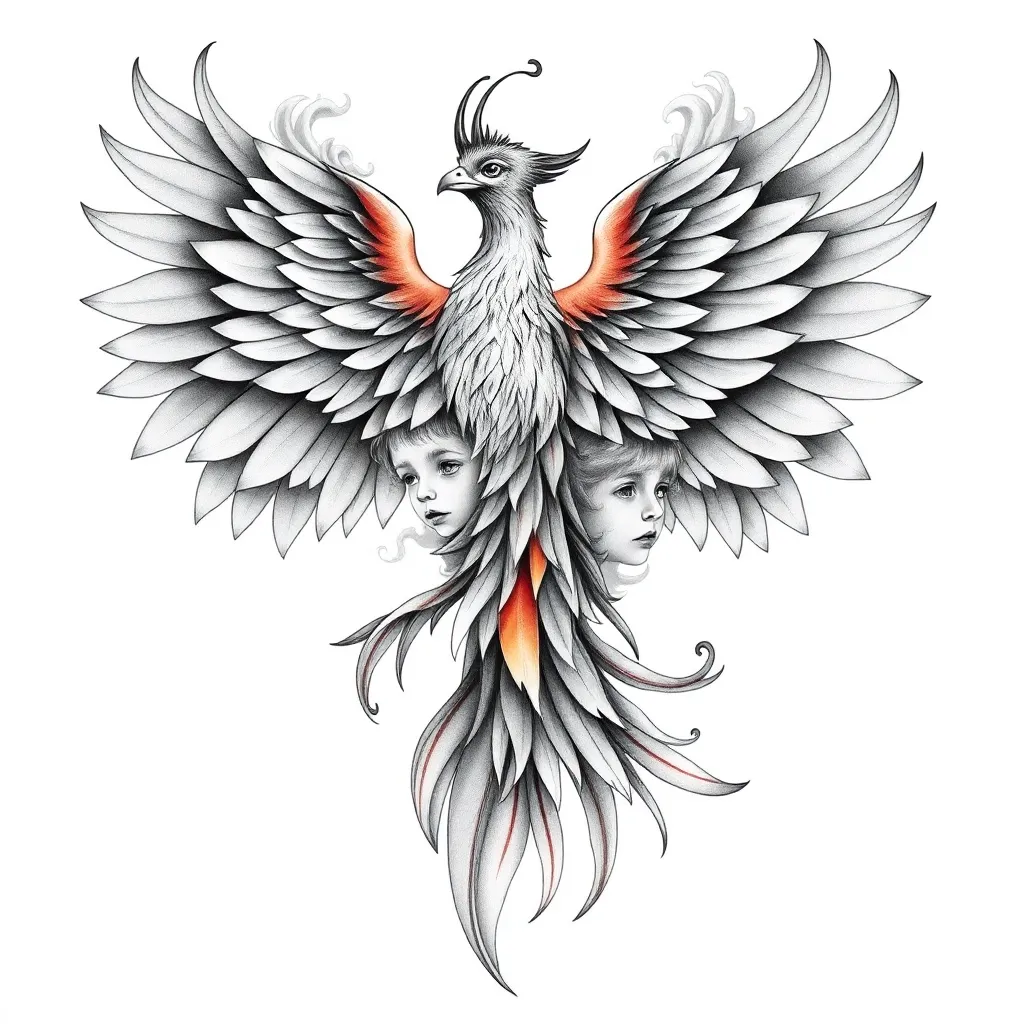 An illustrative full-sleeve phoenix rising from flames with integrated realistic portraits of the client's children woven into the bird's feathers and flames