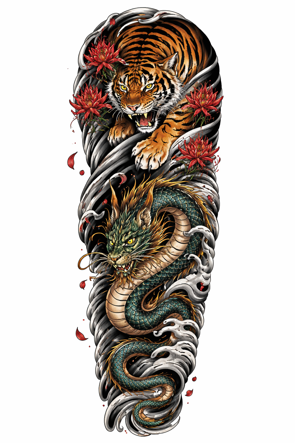 A Japanese-style full-sleeve showing a roaring tiger among spider lilies on the upper arm and a coiling dragon on the lower arm, in traditional bold color and linework