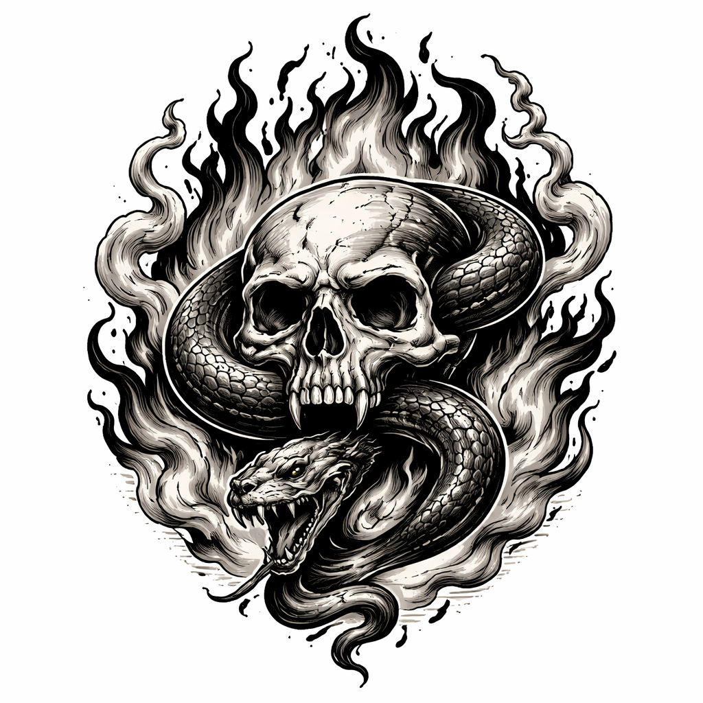 A Death Eater-style skull emblem with a serpent, rendered in blackwork and surrounded by curling smoke and vivid orange-red flames.