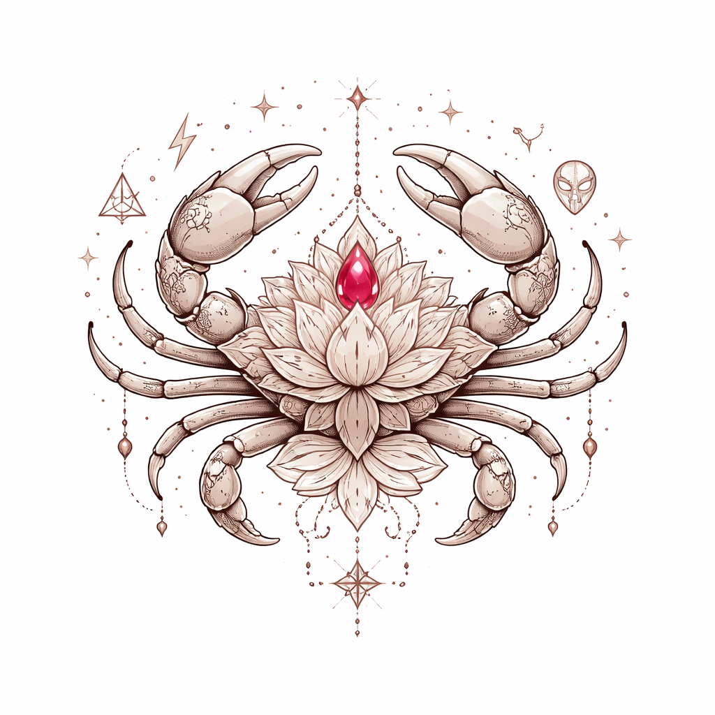 Anime-style lotus with a central ruby, subtle Cancer crab and spiritual mandala elements, plus small Marvel and Harry Potter-inspired sigils in the composition.