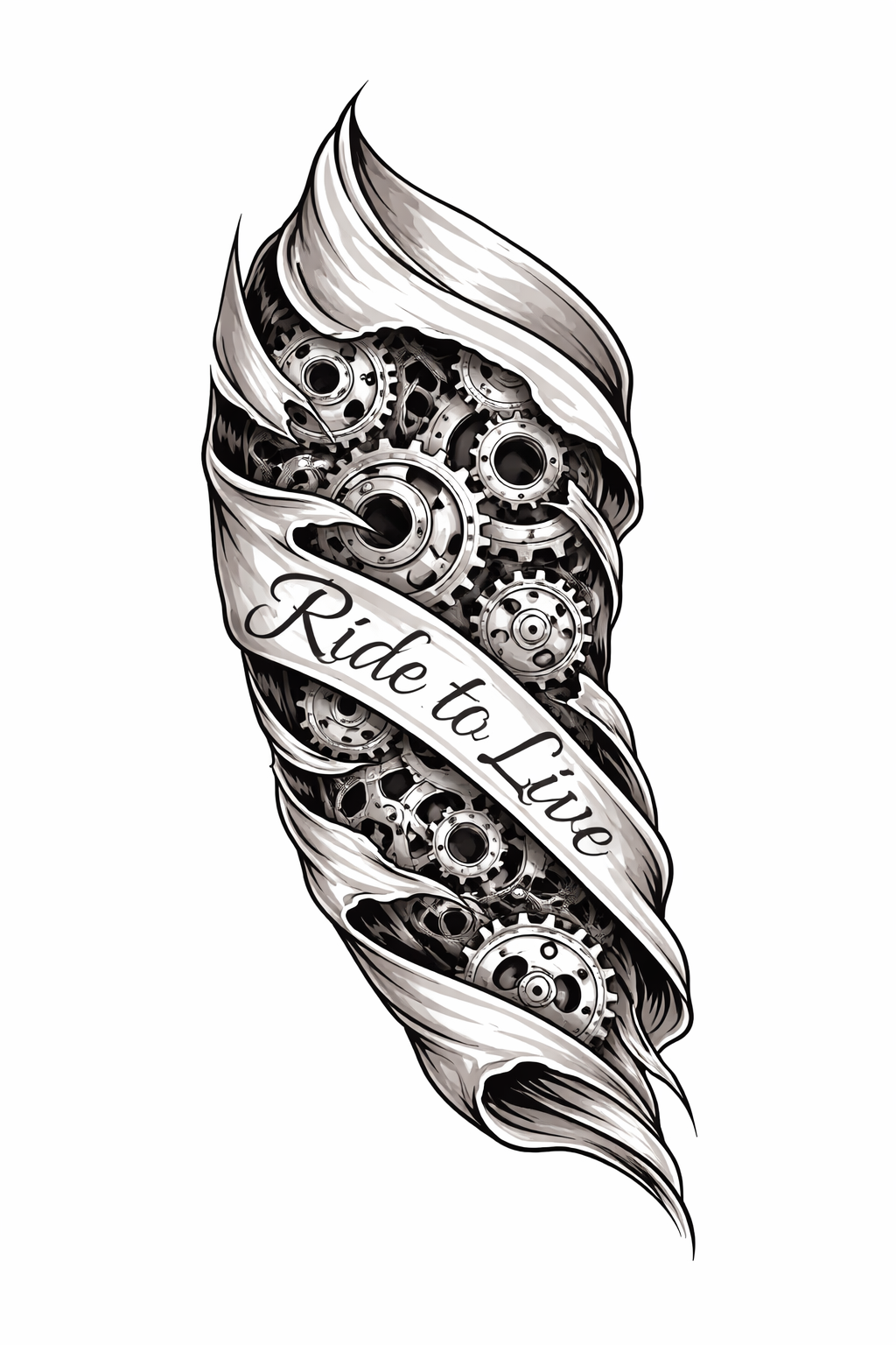 Una bandera ondulante en formato media manga que deja ver engranajes mecánicos debajo, con la frase delineada "Ride to Live" en el antebrazo externo, en estilo biomecánico.