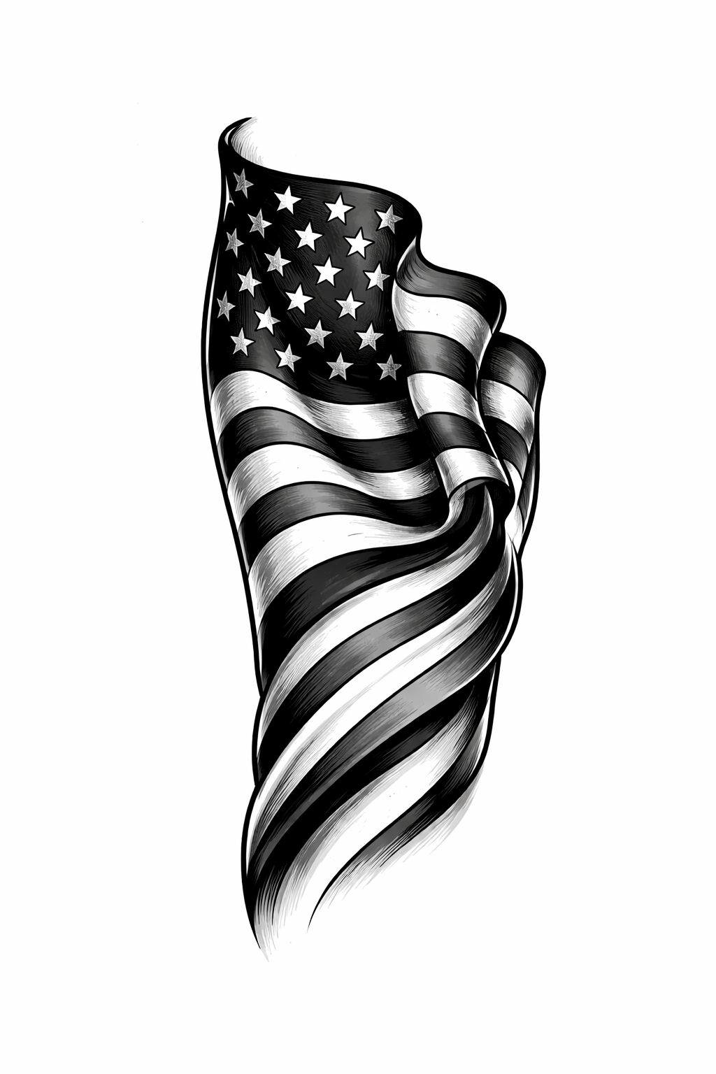 A rippling American flag wrapping the lower forearm as a half-sleeve in bold blackwork with flowing stripes and negative-space stars