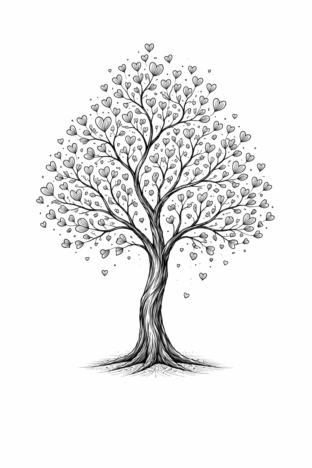 An illustrative tree whose canopy is made of heart-shaped leaves, with graceful branches and playful red accents