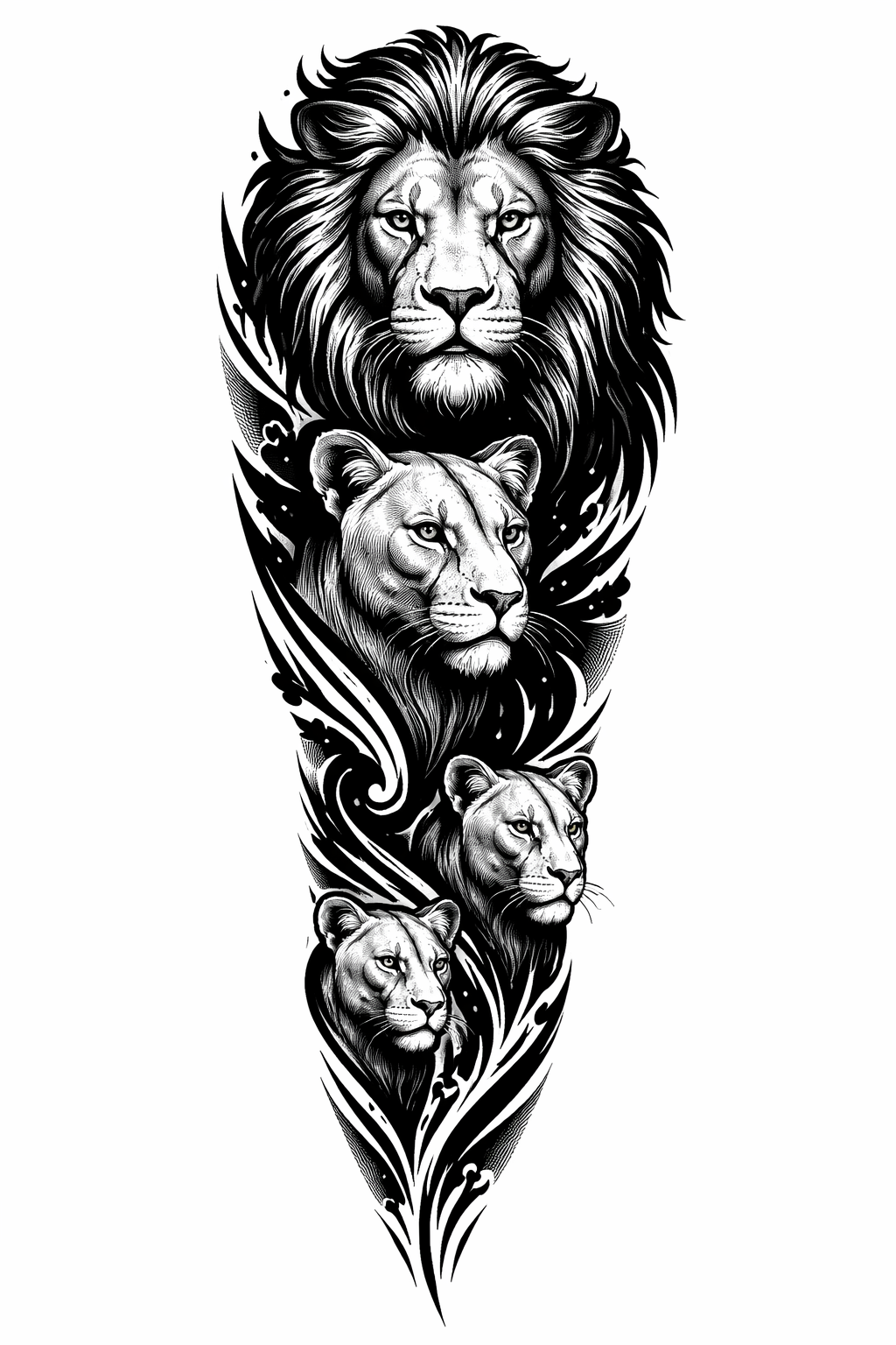 A blackwork full-leg sleeve showing a male lion, a lioness and two cubs arranged in bold solid-black forms with negative-space detailing