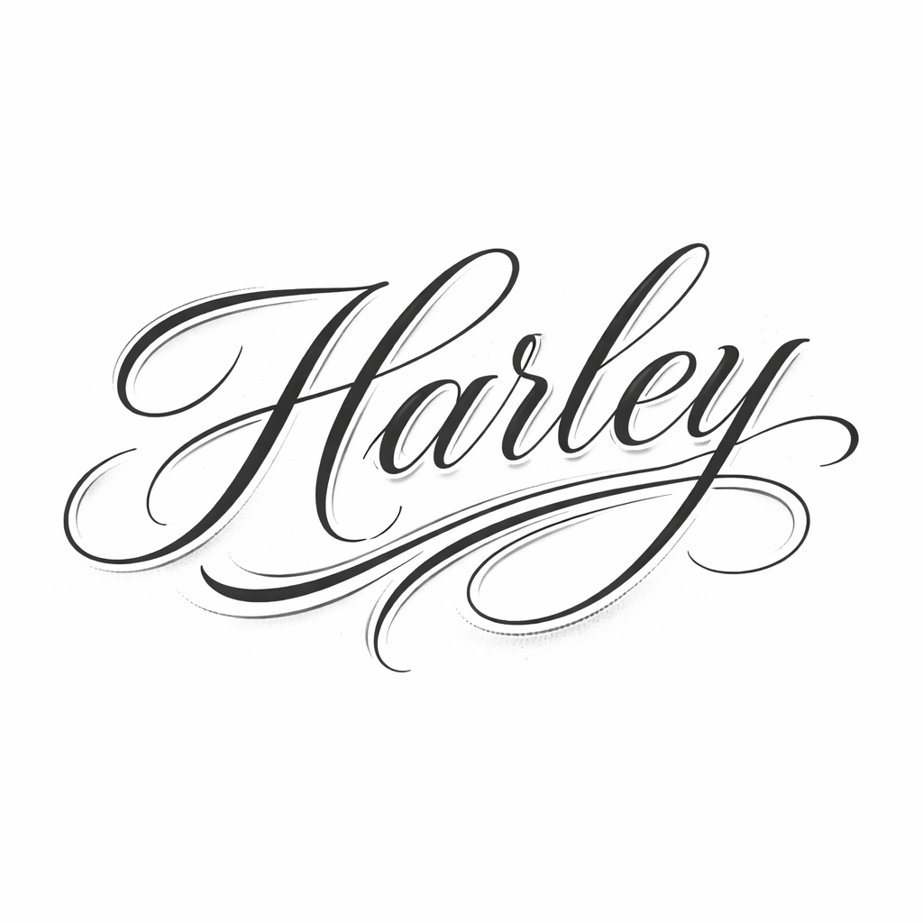 Caligrafía ornamental con el nombre «Harley», con florituras fluidas y un estilo de lettering elegante