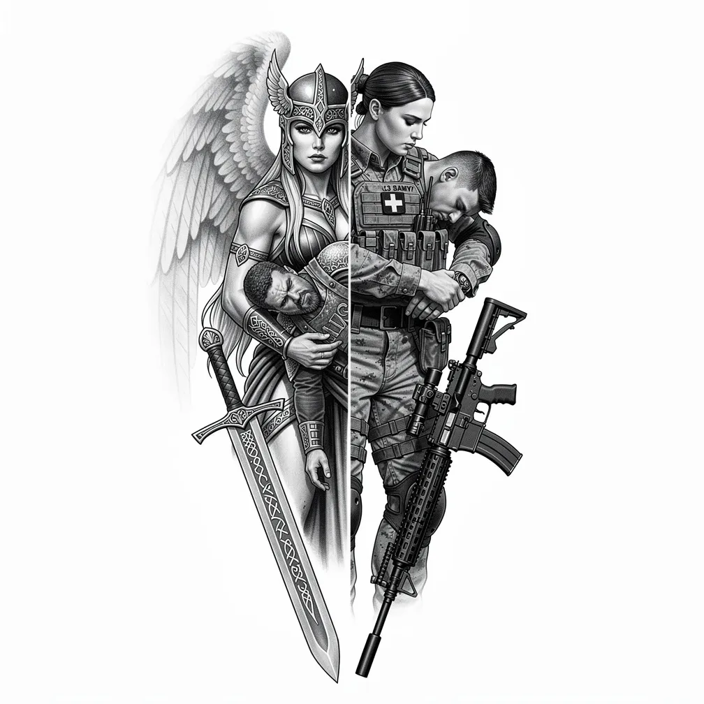 A realism back-piece split composition where a Valkyrie cradling a fallen Viking morphs into a combat medic holding a wounded U.S. Army soldier, with era-accurate weapons and gear.