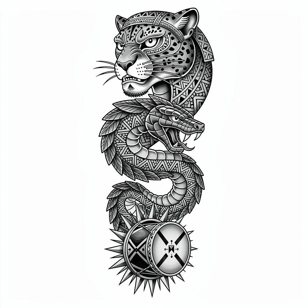 A chicano-inspired full right arm sleeve of Mapuche, Aztec, and Mayan symbols with a kultrún drum, jaguar warrior, Quetzalcoatl, and Sun of Two Nations in bold blackwork geometry.
