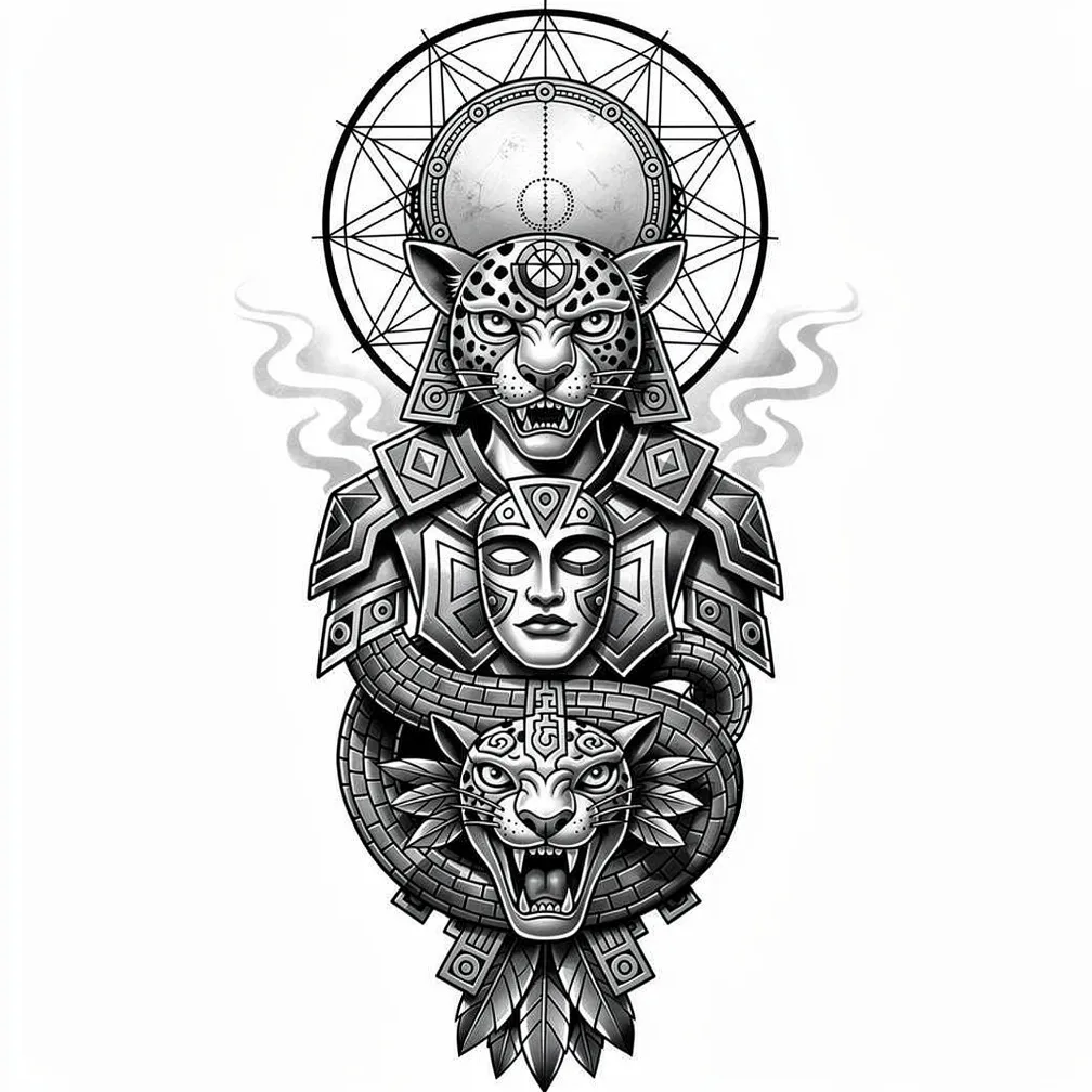 A black-and-grey Chicano-inspired geometric right-arm sleeve with kultrún, Aztec jaguar warrior, Quetzalcoatl, and ancestral masks in flowing smoke and ornamental framing.