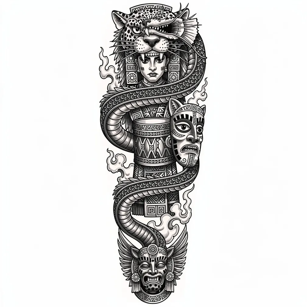 A Chicano black-and-grey right arm sleeve with a Mapuche kultrún, Aztec jaguar warrior, Mayan Quetzalcoatl, and ancestral masks in flowing smoke and geometric armour framing.
