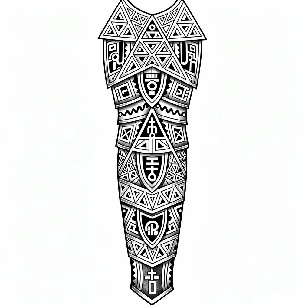 A black-and-white chicano-leaning tribal sleeve with Mapuche, Aztec, and Mayan symbols interlocked in mirrored Polynesian-style geometric armour and shield bands.