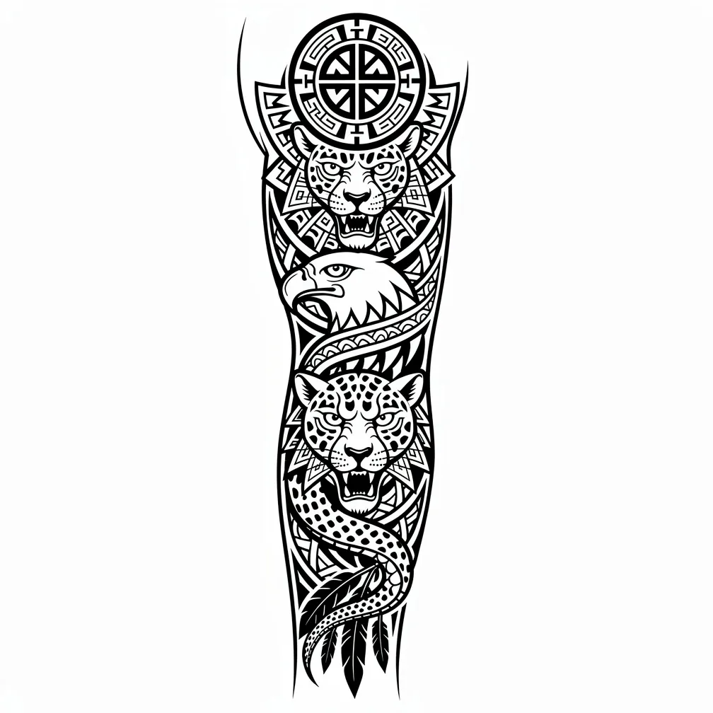 A black-and-grey Chicano-style right arm sleeve with a shoulder sun-stone crest, Aztec jaguar warrior, condor, and Quetzalcoatl wrapping through bold geometric armour banding.