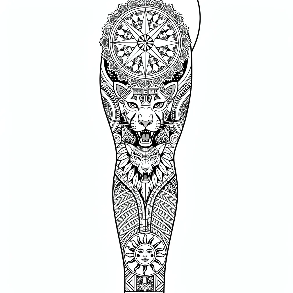 Egy blackwork törzsi-ornamentális jobb karos tetoválás Mapuche kultrúnnal, azték jaguár harcossal, maja Quetzalcóatllal és egymásba kapcsolódó geometrikus páncélsávokkal, merész vektorgrafikus vonalaz