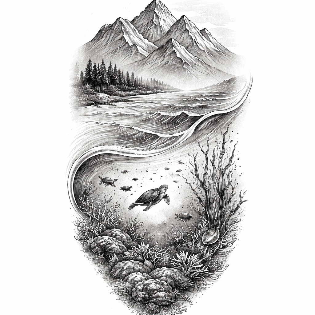 Una media manga ilustrativa en escala de grises que transita de cumbres montañosas y olas costeras hacia una escena submarina detallada con peces, algas y formaciones rocosas.