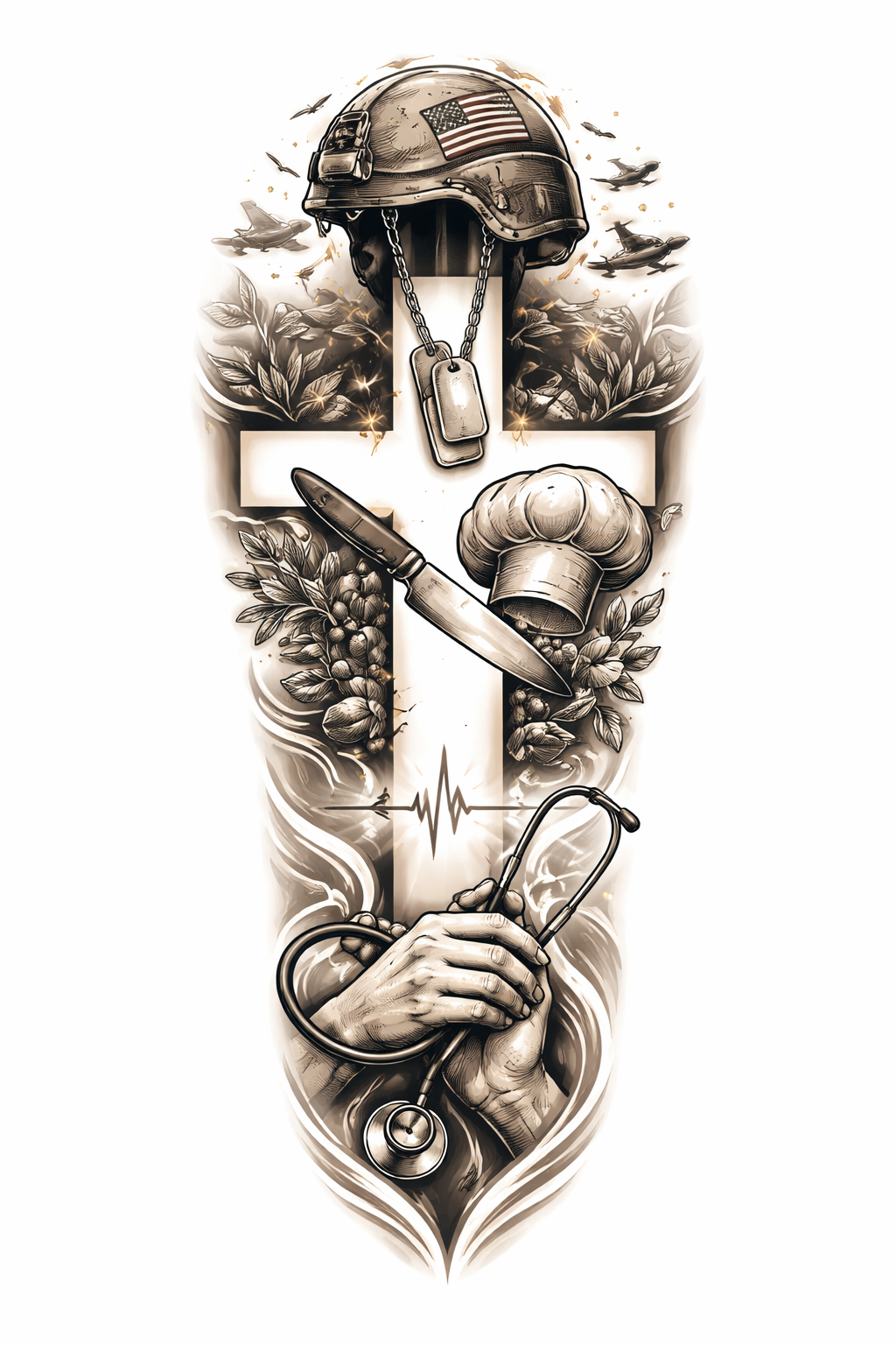 Full-sleeve illustrative tattoo depicting a man's life as a soldier, then a chef, then a nurse, composed around a negative-space cross running through the scenes
