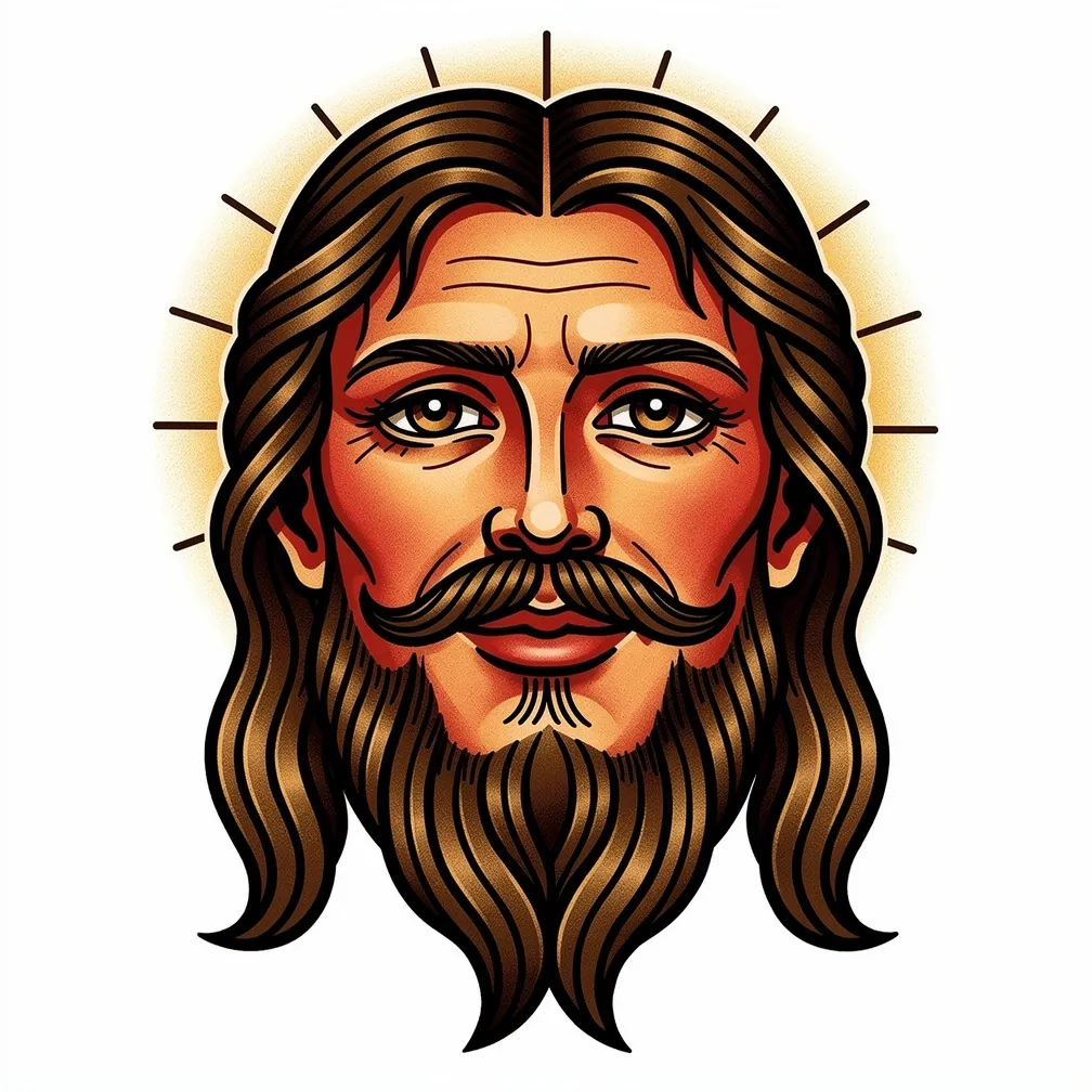 A traditional-style full-color portrait of Jesus with a gentle, forgiving smile and compassionate direct gaze, rendered with bold outlines and serious tone.
