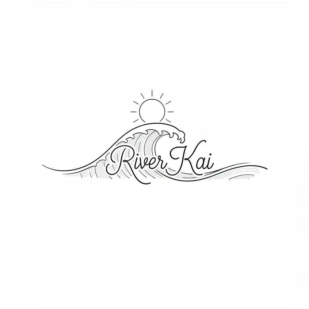 A minimalist fine-line sun above gentle waves, with the wave outlines subtly forming the words “River Kai.”
