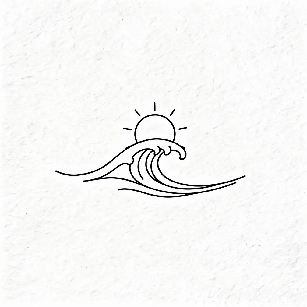 A minimalist fine-line sun over simple wave outlines, with tiny 'River Kai' tucked along the edge of a wave.