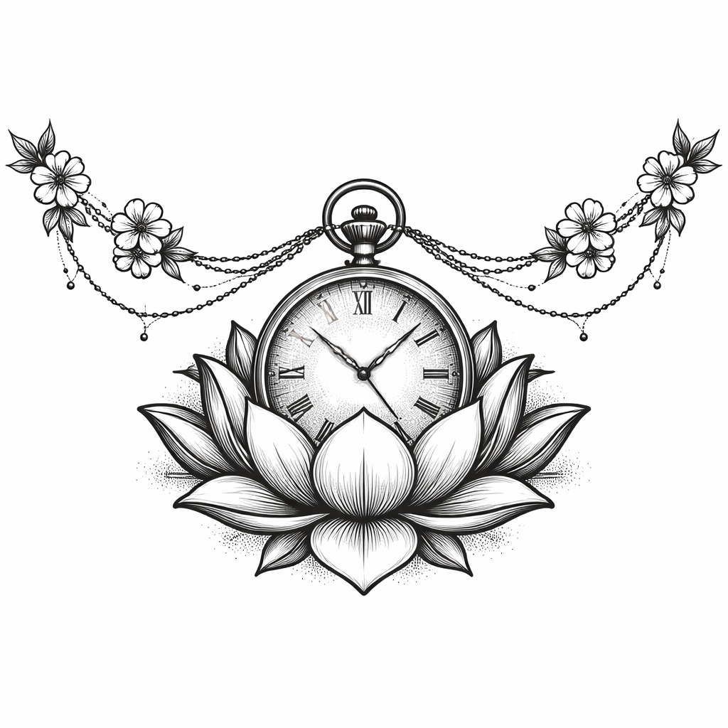 An illustrative pocket watch nested inside a lotus with a beaded cord draped across the chest adorned with small flowers