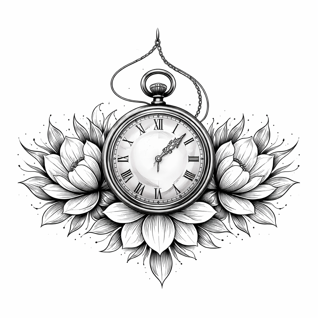 An illustrative pocket watch on a hanging cord surrounded by blooming lotus flowers and leaves, designed for a chest placement