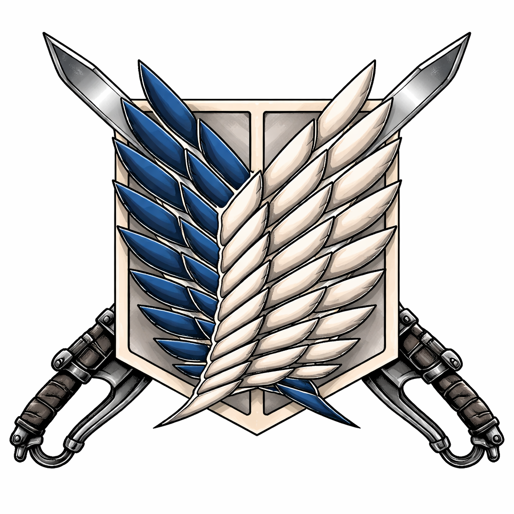 Anime-style Attack on Titan inspired composition with stylized Scout wings and crossed vertical maneuvering blades, dynamic motion lines and heroically angled pose