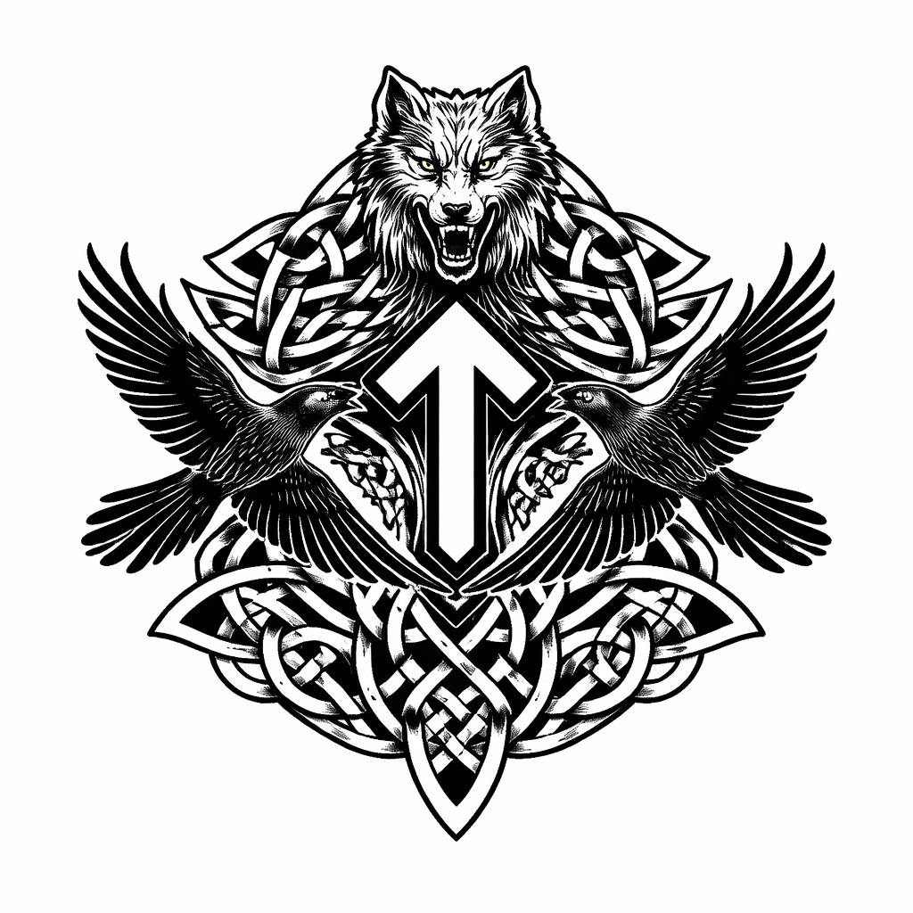 Blackwork Nordic knotwork panel incorporating the Tiwaz rune, a snarling Fenrir head, and Odin's two ravens in interlaced geometric patterns
