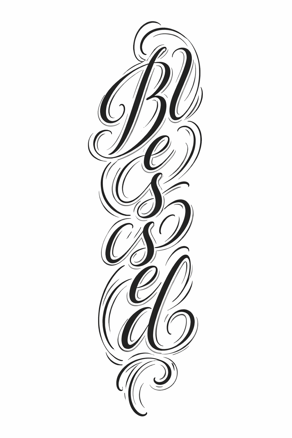 The word "blessed" written in bold calligraphic lettering running from elbow to wrist in a lettering style