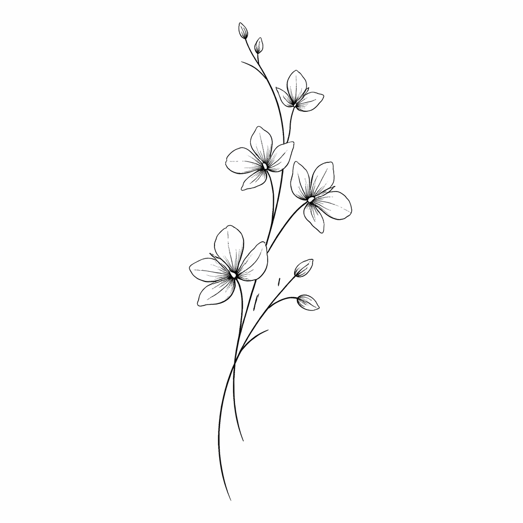 Minimalist blue orchid with a thin, elegant stem and sparse petals in fine-line style for the back of the upper arm