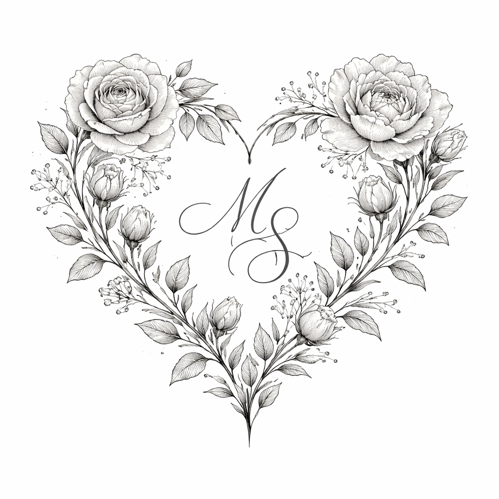 A fine-line heart or small flower that subtly incorporates the initials M and S in flowing script with delicate floral details.
