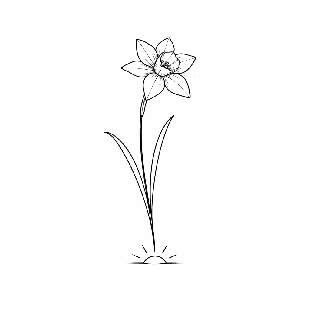 A minimalist small daffodil line drawing with a simple stem and a single yellow accent, symbolizing new beginnings.