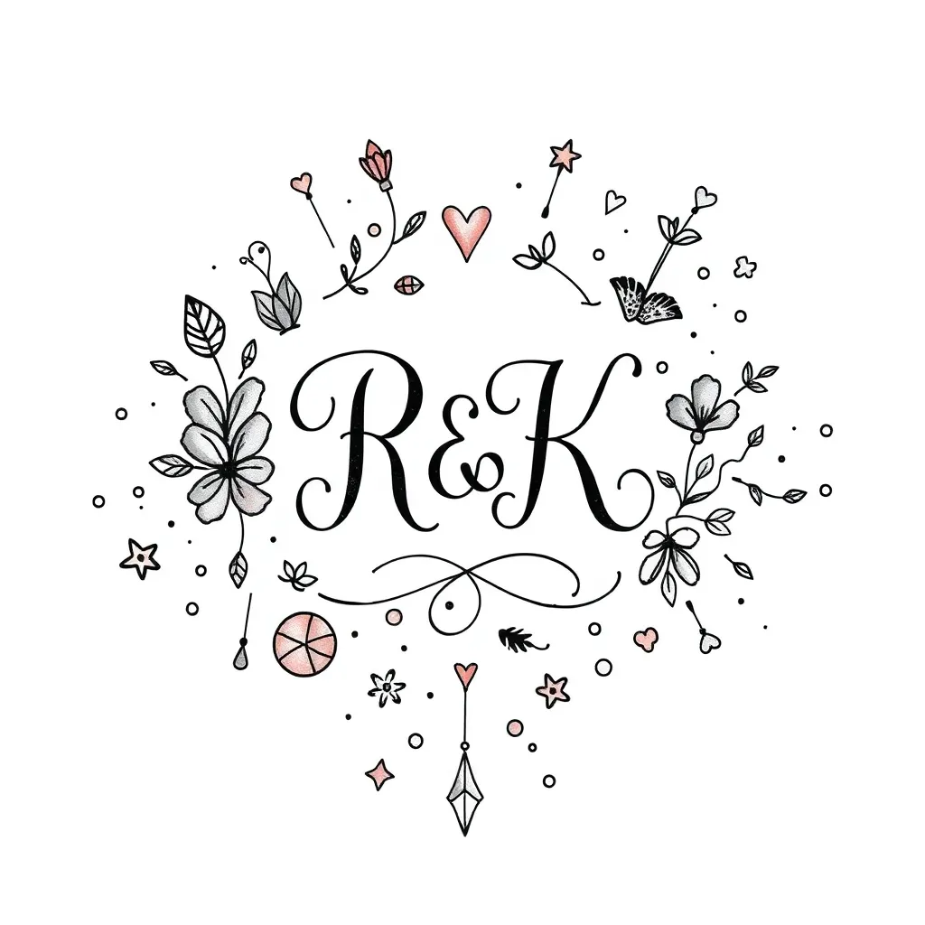 Un tatuaje de letras colorido y caprichoso con las iniciales R y K, rodeadas de adornos decorativos juguetones y pequeños acentos ilustrativos