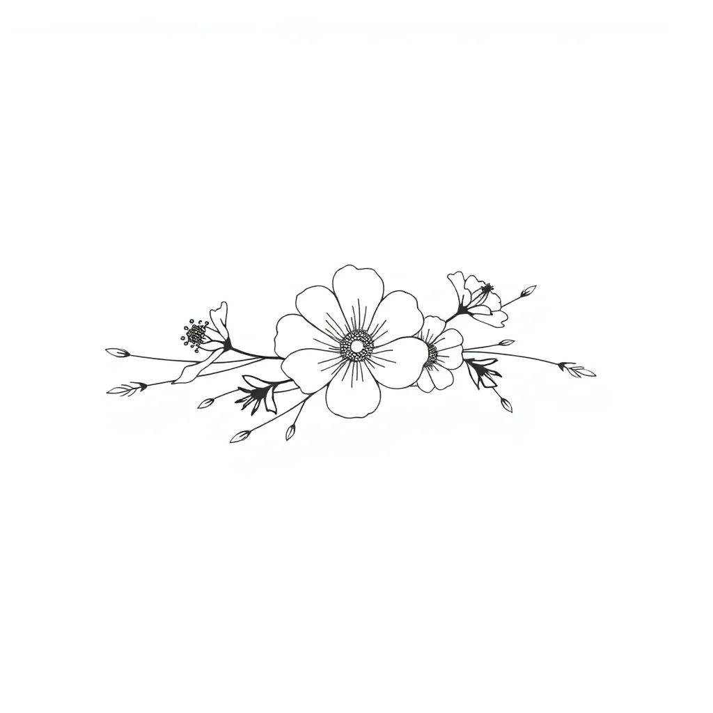 A minimalist fine-line wrap of cosmos flowers and poppies with slender stems and small celestial accents, rendered in black lines with red poppy highlights