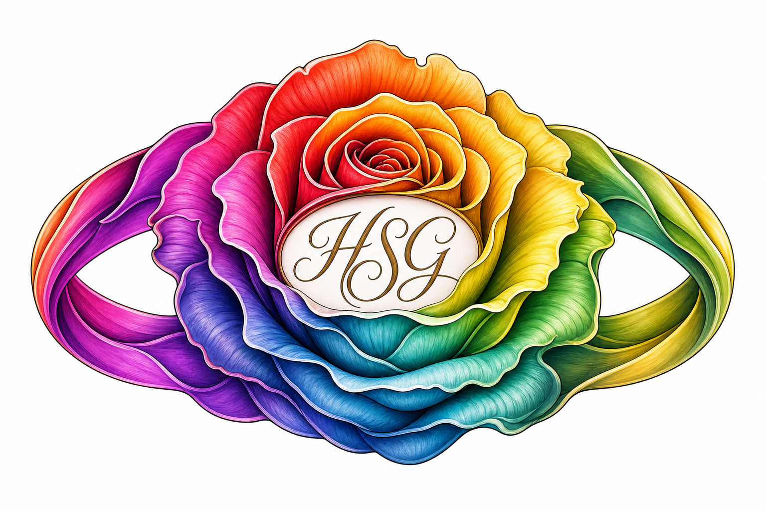 A tiny watercolor wedding-band tattoo of intertwined rainbow roses encircling the finger with the initials HSG centered in the middle.
