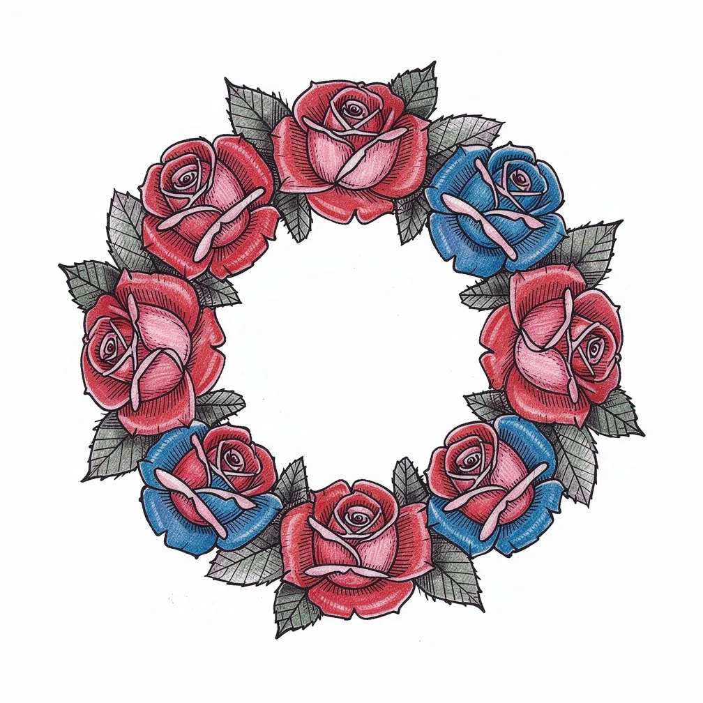 A circular illustrative band of roses (red, pink, bright blue, indigo) forming a finger ring with a blank central space reserved for initials.
