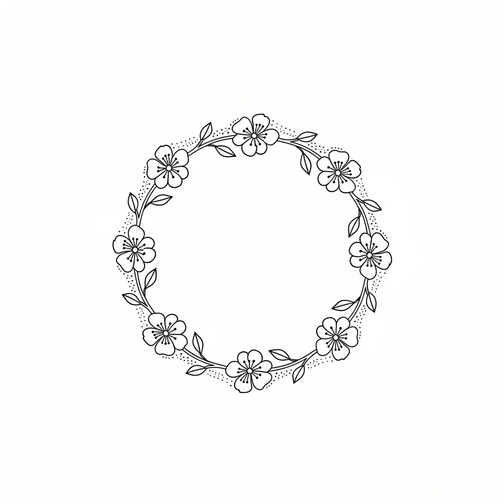 A minimalist circular floral wedding band designed to wrap around the width of a finger with small petals and simple linework.