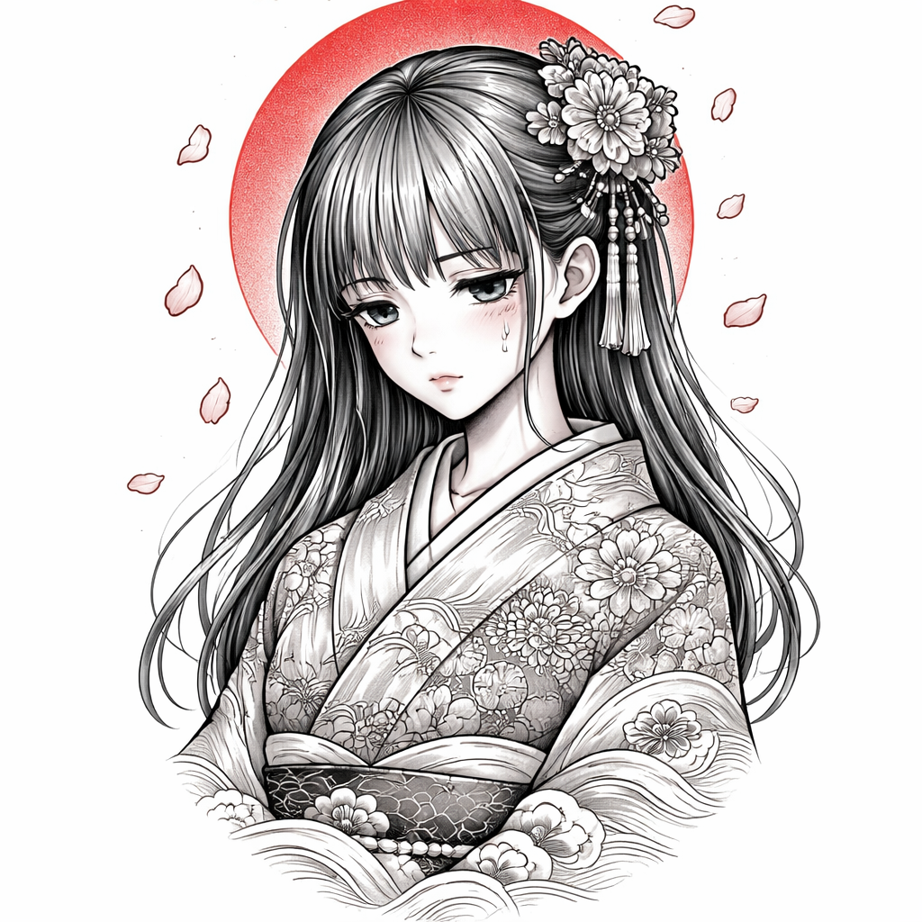 Retrato estilo anime de una chica melancólica con un kimono tradicional, pétalos de sakura, motivos de olas y un adorno para el pelo tipo kanzashi, en colores apagados