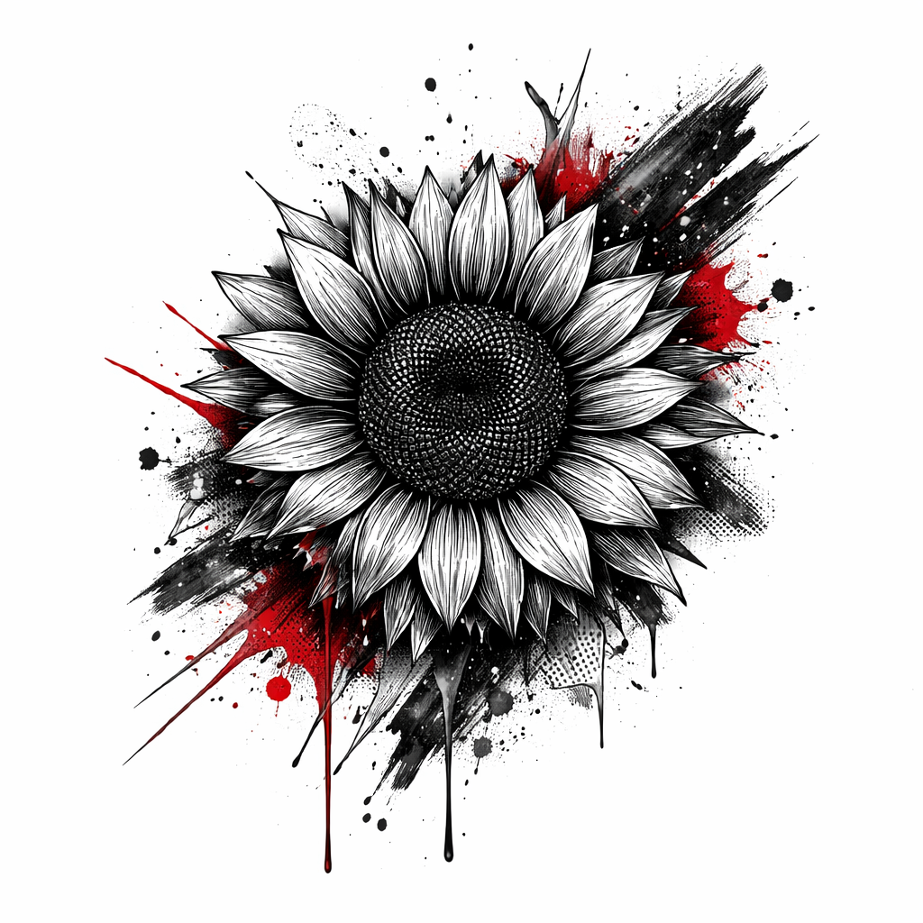 Un girasol estilo trash polka con pinceladas negras contundentes, salpicaduras rojas y texturas rasgadas, mostrando pétalos parcialmente marchitos para un toque sombrío.
