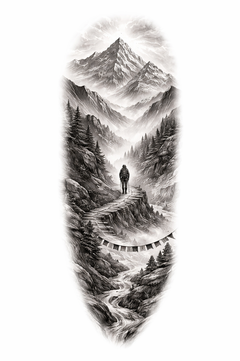 A modern black-and-grey illustrative leg piece showing a solitary walking pilgrim on a winding mountain path with rocky peaks and radiating light rays, using flowing lines and skin breaks.